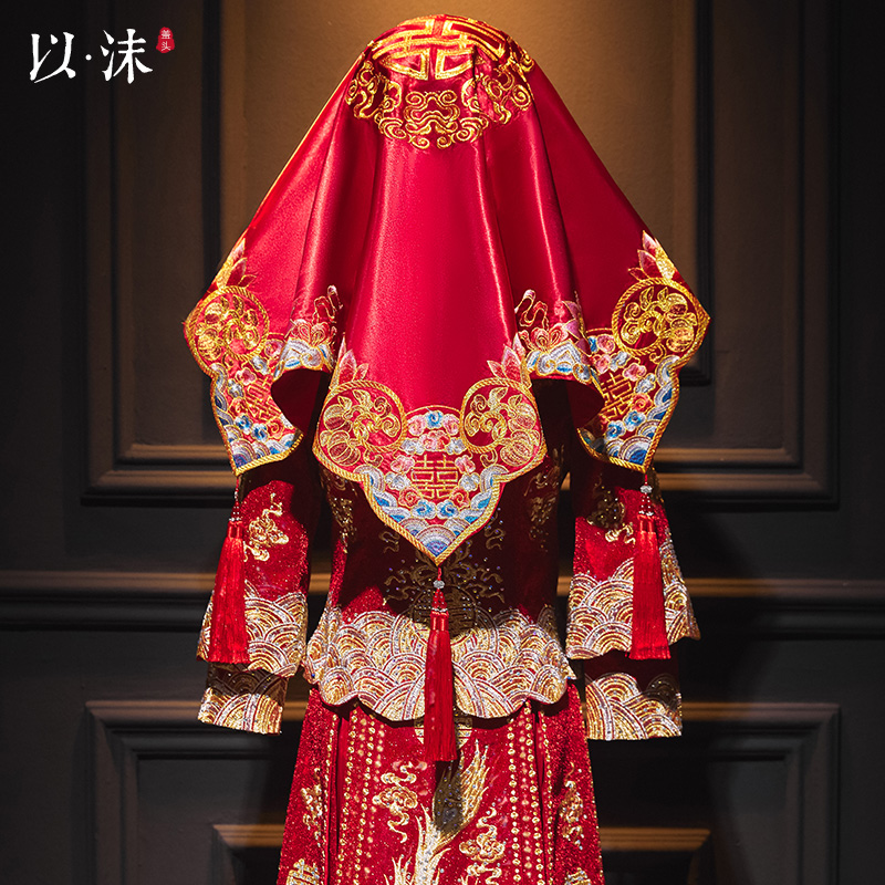 Red Cover Head Bride Wedding head dress Chinese show and suit retro red satin fluidics Stream 2023 embroidered Heeppai head-Taobao