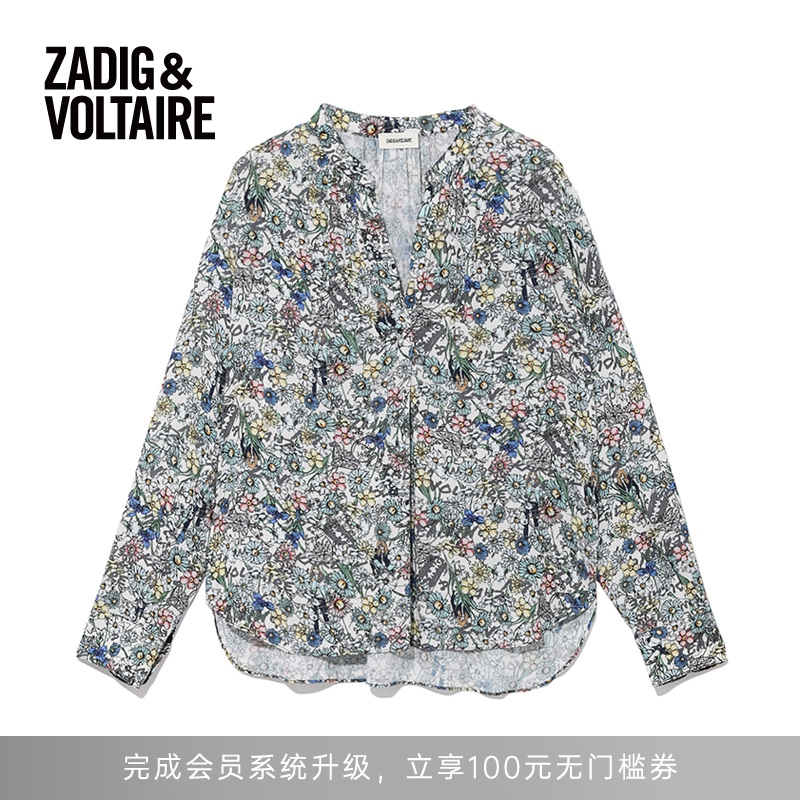 (T) Women's long-sleeved tops are stylish and elegant V-neck with floral patterns all over