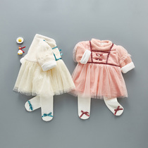 Net Red Baby Full Moon autumn and winter clothes plus velvet padded bag cute suit female baby princess yarn skirt climbing clothes tide