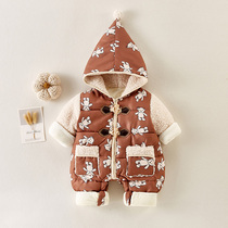 Net red baby winter style one-piece clothes thick real cotton clothes foreign air cute cartoon climbing clothes out of the house Newborn Khaclothes