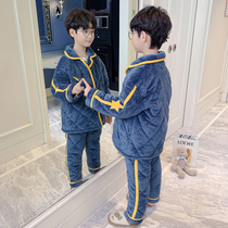 Childrens pajamas in winter thickened boys flannel three-layer cotton plus velvet coral velvet Tibetan with yellow home clothes