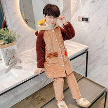Childrens pajamas for boys and boys in winter three-layer cotton thickened velvet coral velvet big children flannel home clothing