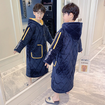 Boys nightgown childrens pajamas winter coral velvet thickened three-layer cotton autumn and winter boys big pocket bathrobe