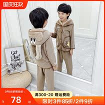 Childrens coral velvet pajamas autumn and winter flannel home clothing overturn thickened boy hooded boy home clothing