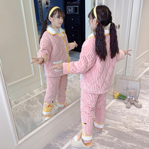 Childrens pajamas winter coral velvet three-layer cotton thickened girl baby flannel striped powder home wear