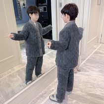 Childrens pajamas winter thickened boy flannel three-layer cotton plus velvet middle-aged children coral velvet deep ash home wear