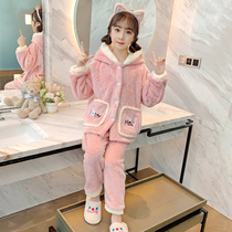Childrens flannel pajamas winter girls coral velvet thickened suit girls home clothes dogwood powder Tide big boy