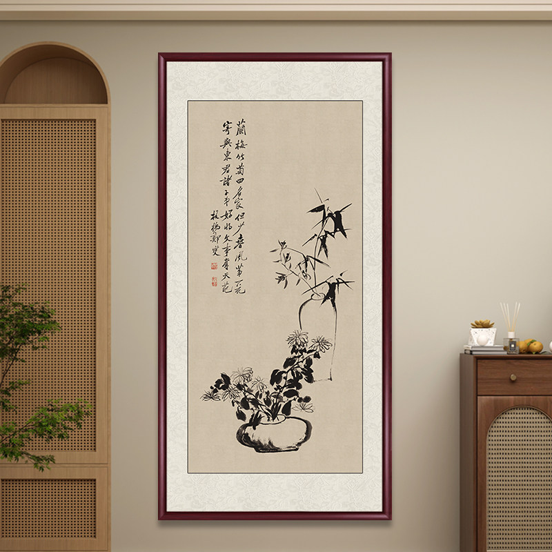 証書付】鄭板橋 竹子図 中堂掛軸 仿藍光仕上げ 絹本大幅 中国書画 美術品