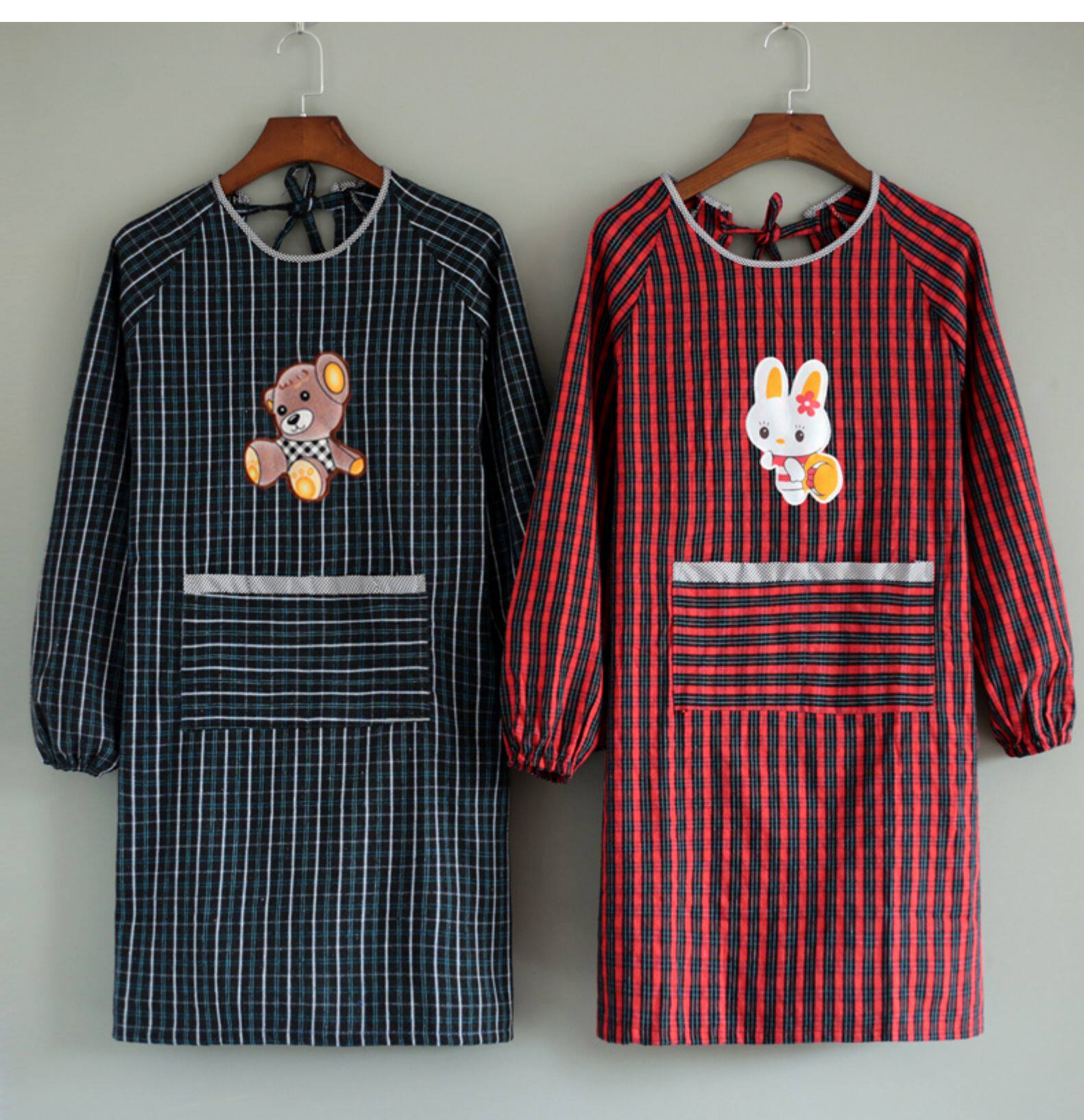 纯棉长袖围裙女时尚家用厨房防油污工作服男可爱日系罩衣大人定制