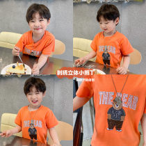 Shrimp paste hemp childrens clothing boys short-sleeved t-shirt summer childrens bear print top baby clothing summer new trend