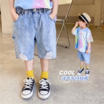 Shrimp paste hemp childrens shorts summer new foreign style baby jeans mid-pants childrens trousers trendy