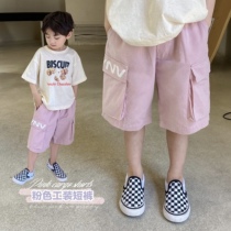 Shrimp paste hemp childrens clothing boys shorts pink overalls summer baby pants childrens pants thin section tide