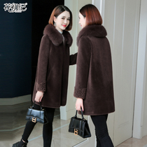 Sheep shearing coat womens 2021 new autumn and winter mid-length granular velvet fur one-piece fox fur collar fur coat