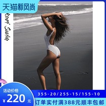 YUKARI original black and WHITE striped halter triangle one-piece swimsuit female belly cover thin high split bikini swimsuit