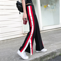 Rhyme Hall Woman Classic Side Open Button Casual Straight Drum Buttoned Sports Broadlegged Pants High Waist Open Fork Pituitary Trousers Tide Card