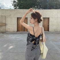 Suspender design sense of niche wear printed bandeau womens summer loose halter lace-up vest with a base top