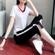 Sports Casual Suit Women Summer 2022 New Fashion Loose Display Slim Short Sleeve Broadleg 90% Pants Two Pieces Summer Dress