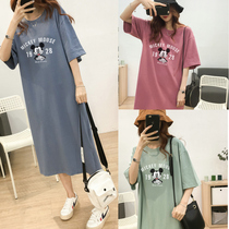 2022 new short sleeve one-piece dress woman pure cotton casual loose medium long Korean version T-shirt skirt over knee long skirt