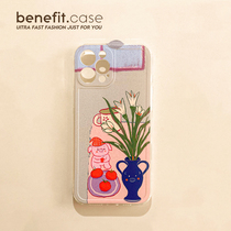 Benefit cartoon vase small pig suitable for apple 13promax mobile phone shell transparent iphone12 retro mini tulip xsmax Japan-ROK xr cute 8p
