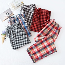 Japanese pure cotton double gauze plaid pajamas for men and women spring and autumn thin large size casual home trousers fat