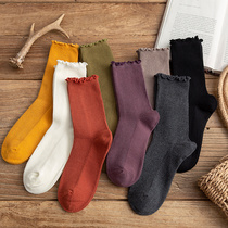 Fungus edge socks womens mid-tube cotton autumn and winter Korean Japanese pile socks ins tide black with leather shoes stockings