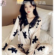 Grain pajamas wear recommended (spring and autumn ice velvet) Net red hipster cardigan bow pajamas can
