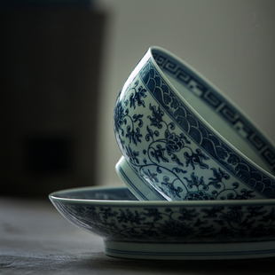 瓷碗 恩窑精品青花饭碗盘 缠枝纹可收藏的日用瓷 景德镇复古手绘瓷碗