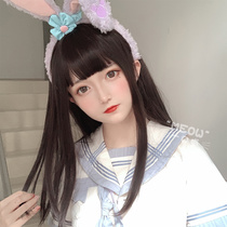 Wig female medium long hair jk natural girl Japanese face repair lolita student realistic fluffy round face full head cover style