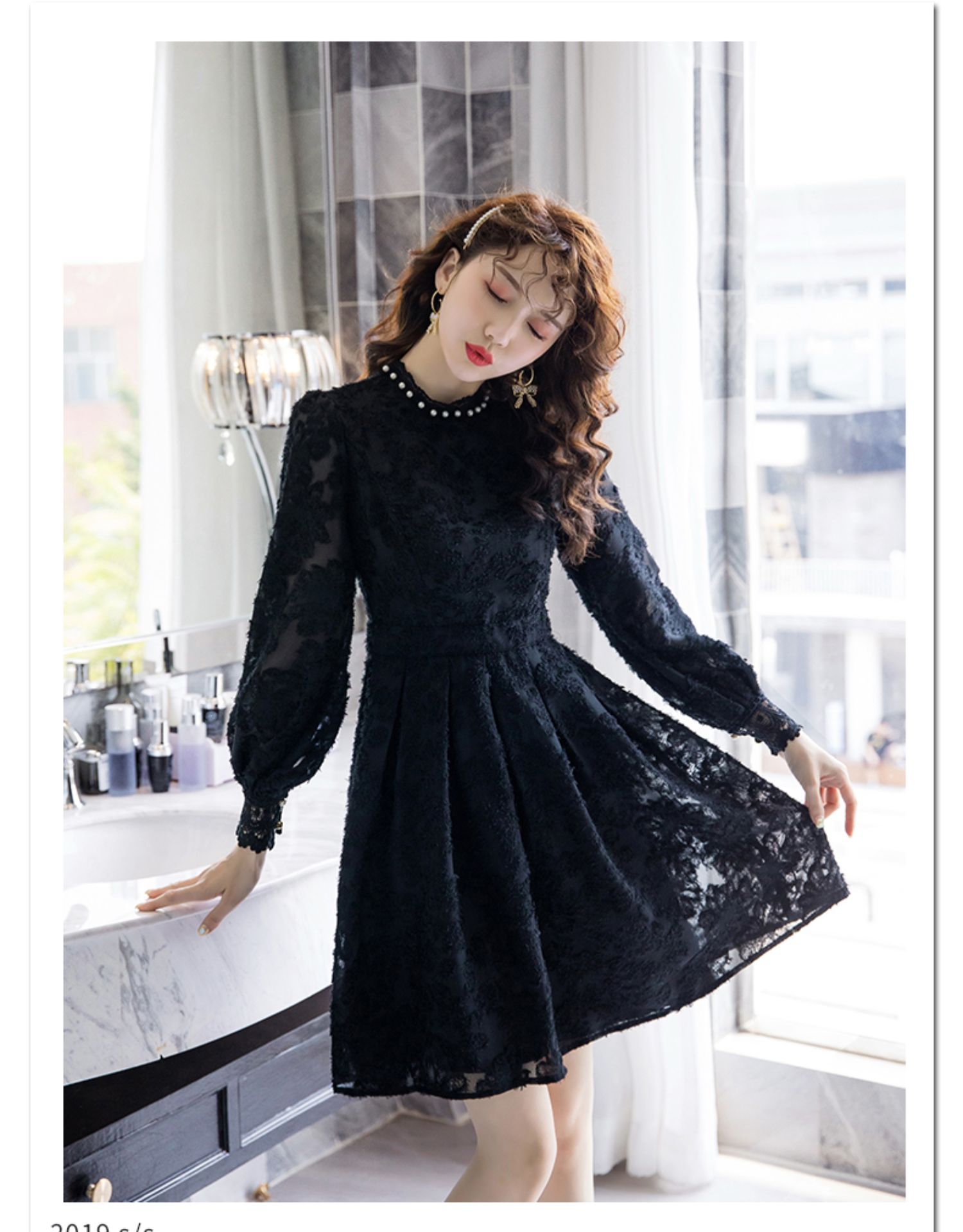 恋名媛黑色连衣裙女早春大码胖mm收腰显瘦名媛春秋气质法式春季长袖