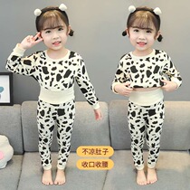 Childrens pajamas set autumn and winter new cotton female baby autumn clothes girl long sleeve cute high waist belly home clothing