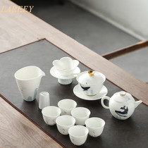 LAREEY National tide wind Kung Fu tea set North Ming You Fish white porcelain teacup painted gold cover bowl gift high-grade tea set