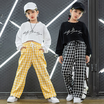 Girl Jazz Dance Reveal Navel Clothing Autumn Clothing Straight Cylinder Plaid Pants Loose Girl Jazz Hip Hop Walk Show Street Dance Suit