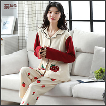 Ru Xianxue pure cotton pajamas womens autumn and winter long-sleeved pants cardigan lapel cotton home clothing plus size couple set