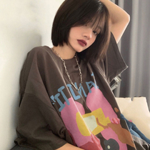 Hong Kong's broken love graffiti printed short-sleeved T-shirt female summer loose round neck hip-hop half-sleeved top compassionate national tide