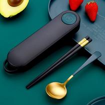 Portable cutlery box cute Three sets of students Childrens chopsticks spoon suit stainless steel extractable with containing box