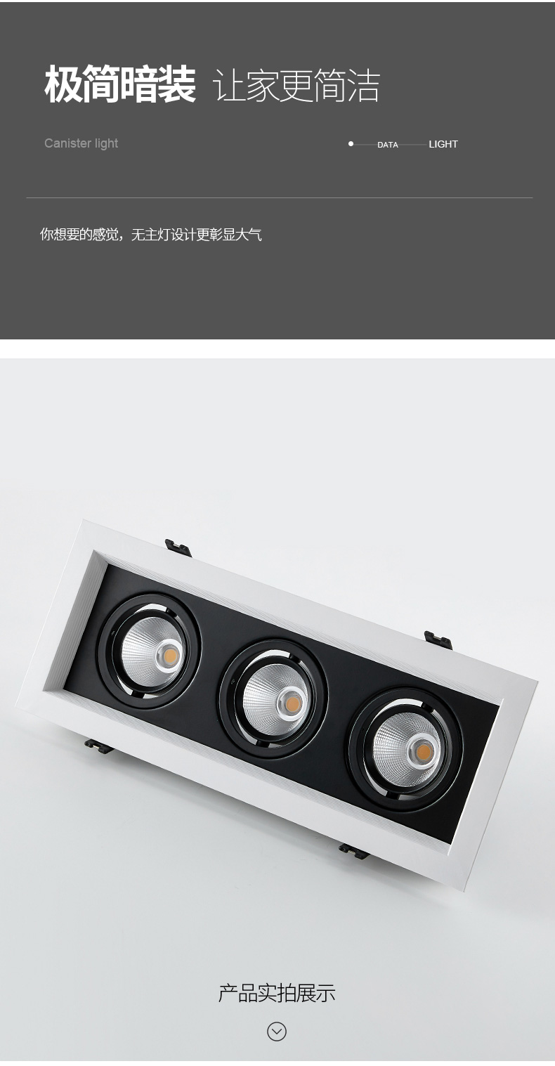 led斗胆灯4头格栅射灯三头四头cob豆胆灯嵌入式天花灯暗装长方形