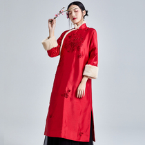 2021 Winter new Chinese style retro embroidered cotton clothes loose cotton clothes womens modified cheongsam long dress