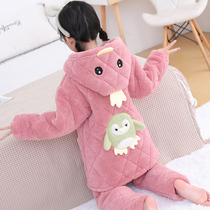 Childrens thickened pajamas winter lengthened mens and womens childrens big childrens three-layer quilted flannel home clothes plus velvet suit