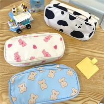 Cream color ins homemade cow bear cartoon flap pen bag large capacity student stationery storage bag makeup bag