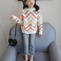 Children striped sweater girls knitted sweatshirt for young children 2022 Winter warm new in imitation water mink