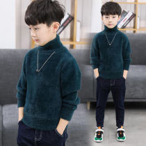 Boy sweater ferret thicken plus suede cover head autumn winter clothing 2022 new CUHK children high collar hit undertide clothes