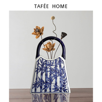 Tafee new Chinese ceramic vase blue and white porcelain bag jewelry guest restaurant Zen decoration dry flower arrangement