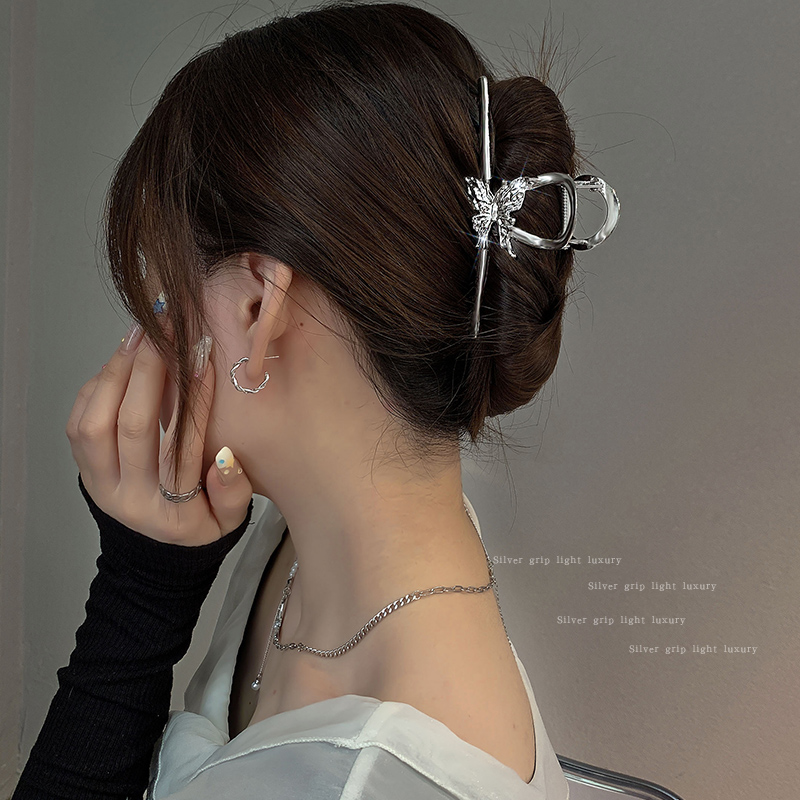 Silver Liquid Butterfly Barrettes Female Back Head Personalized Cold Style Grip Sweet Cool High-Grade Shark Clip Hairware