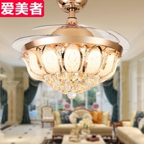 Crystal ceiling fan lamp invisible fan lamp household gold chandelier dining room living room bedroom lamp fan integrated