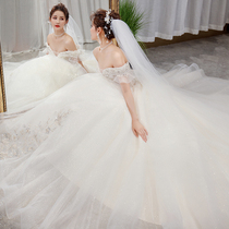 One-character shoulder light main wedding dress 2021 new bride high-end atmosphere luxury cover ARM big tail French princess style