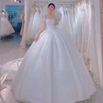 High-end French main wedding dress new bride simple chest tube bubble sleeve winter long sleeve tailing 2021 autumn winter starry sky