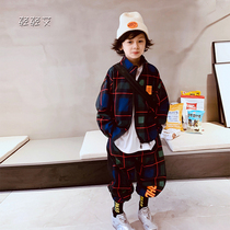 Homemade childrens plaid sports suit spring boys pop brand hip-hop casual two-piece set 2021 new pop baby