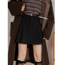 High-waisted A-line woolen skirt womens black anti-light pleated skirt retro age-reducing slimming all-match bag hip skirt