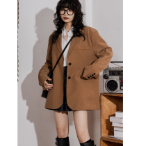 Profile suit jacket female retro high-end shoulder pads oversize loose temperament niche caramel color suit winter