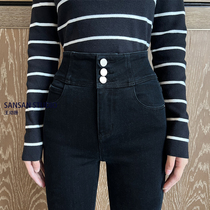 Wang Youshan gush with high waist jeans Women with small feet 2021 autumn and winter new elastic tight pencil pants black